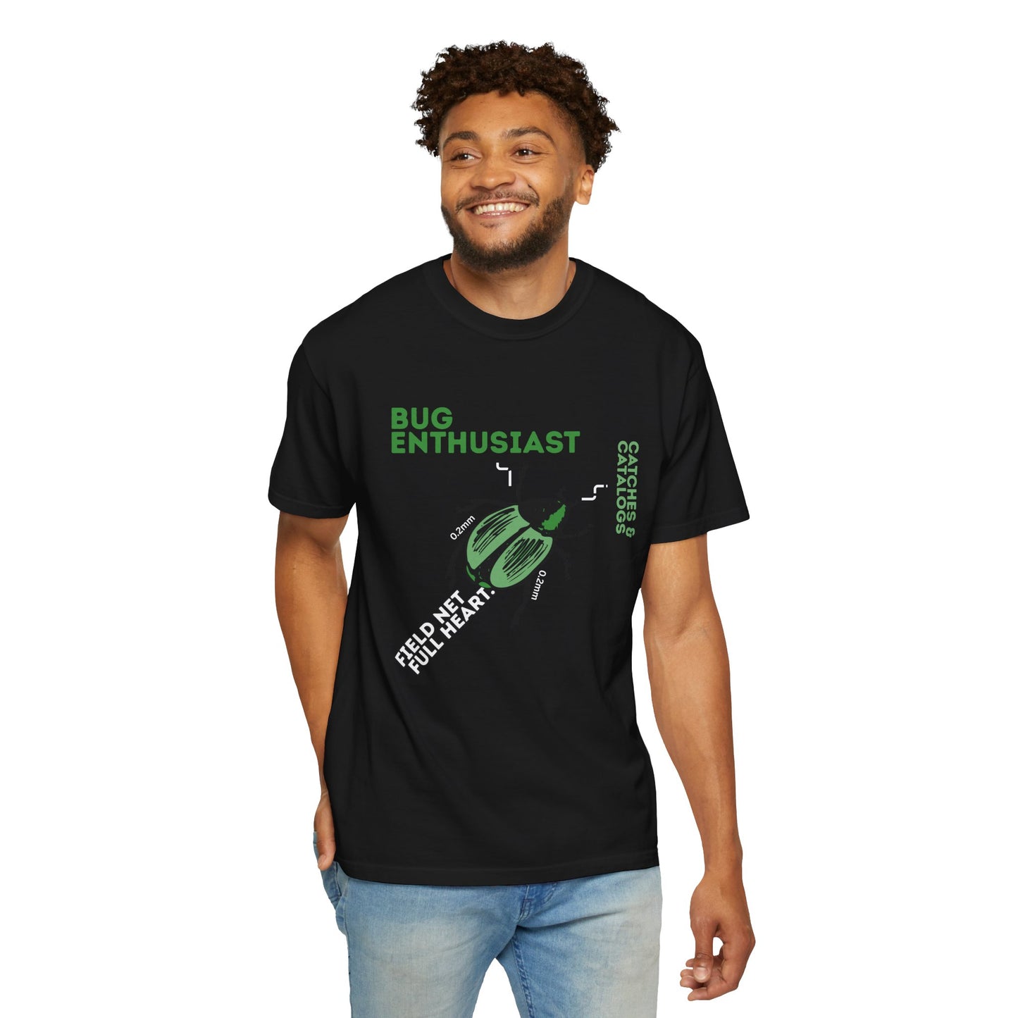 Entomology fashion graphic tee beetle illustration with catches and catalogs slogan detail