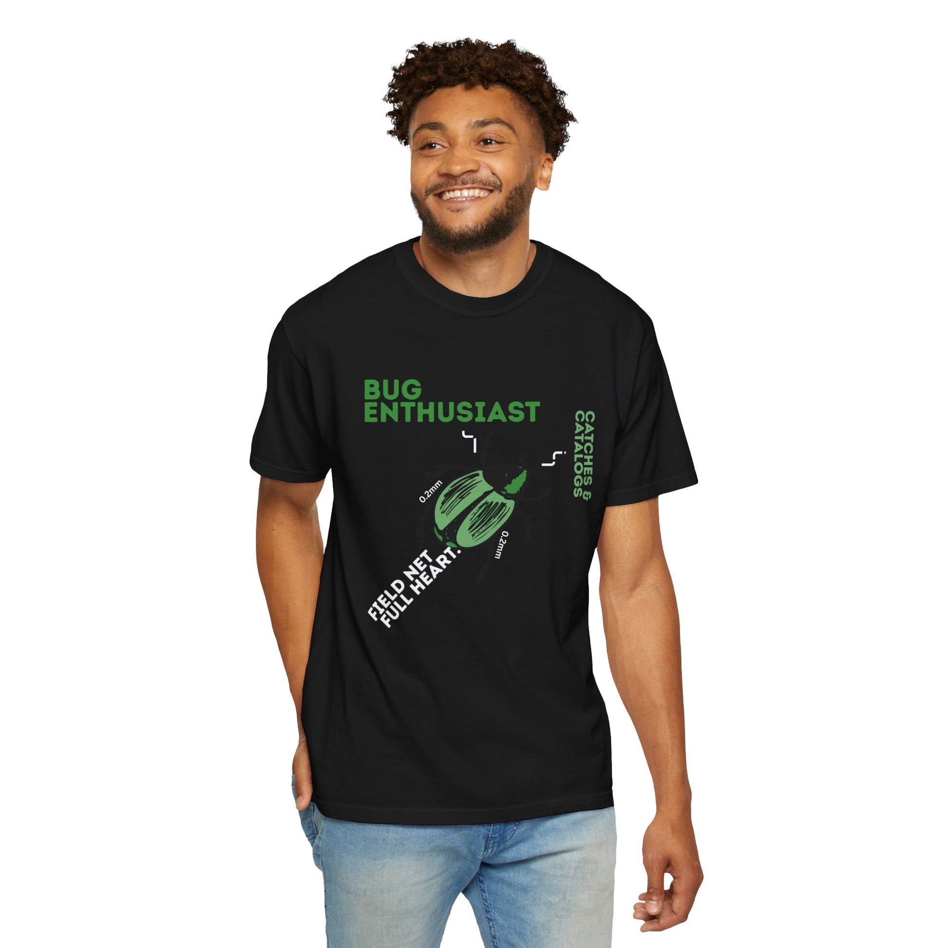 Entomology fashion graphic tee beetle illustration with catches and catalogs slogan detail