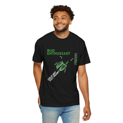 Entomology fashion graphic tee beetle illustration with catches and catalogs slogan detail