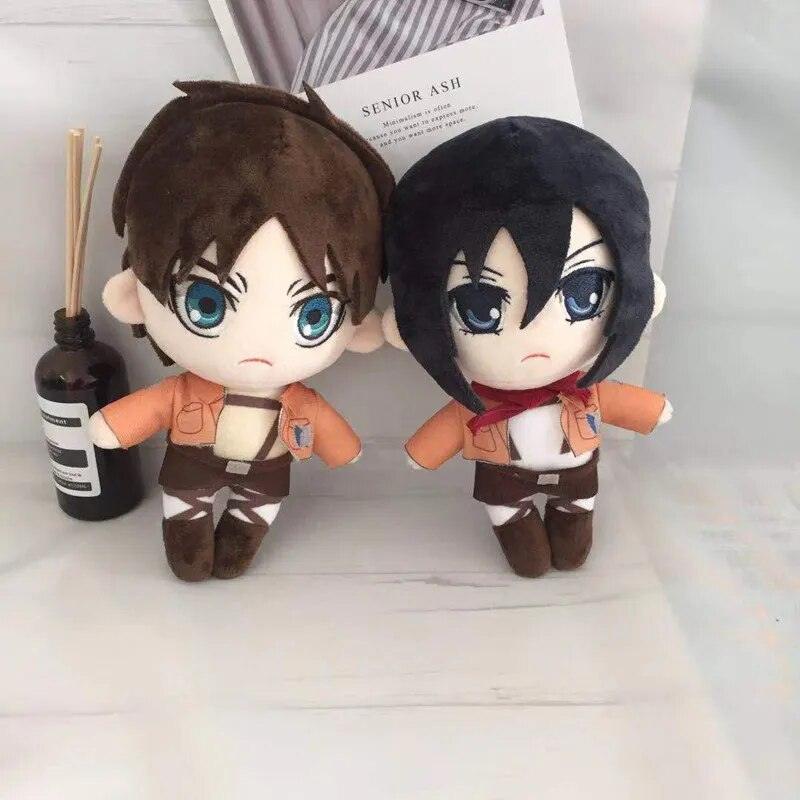 Eren plush and Mikasa plush side by side size comparison, handmade anime soldier dolls
