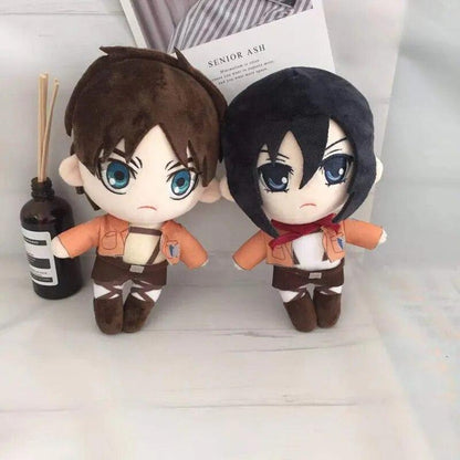 Eren plush and Mikasa plush side by side size comparison, handmade anime soldier dolls
