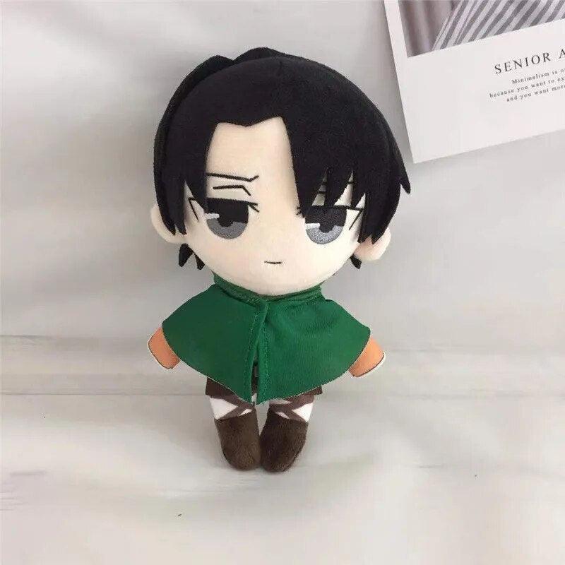 Eren plush seated display pose on shelf, anime character collectible room decor
