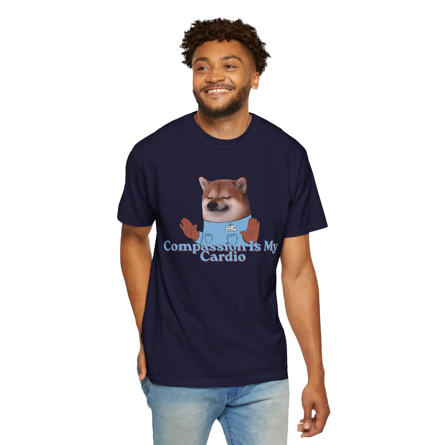 Everyday casual shirt with playful dog illustration and values slogan