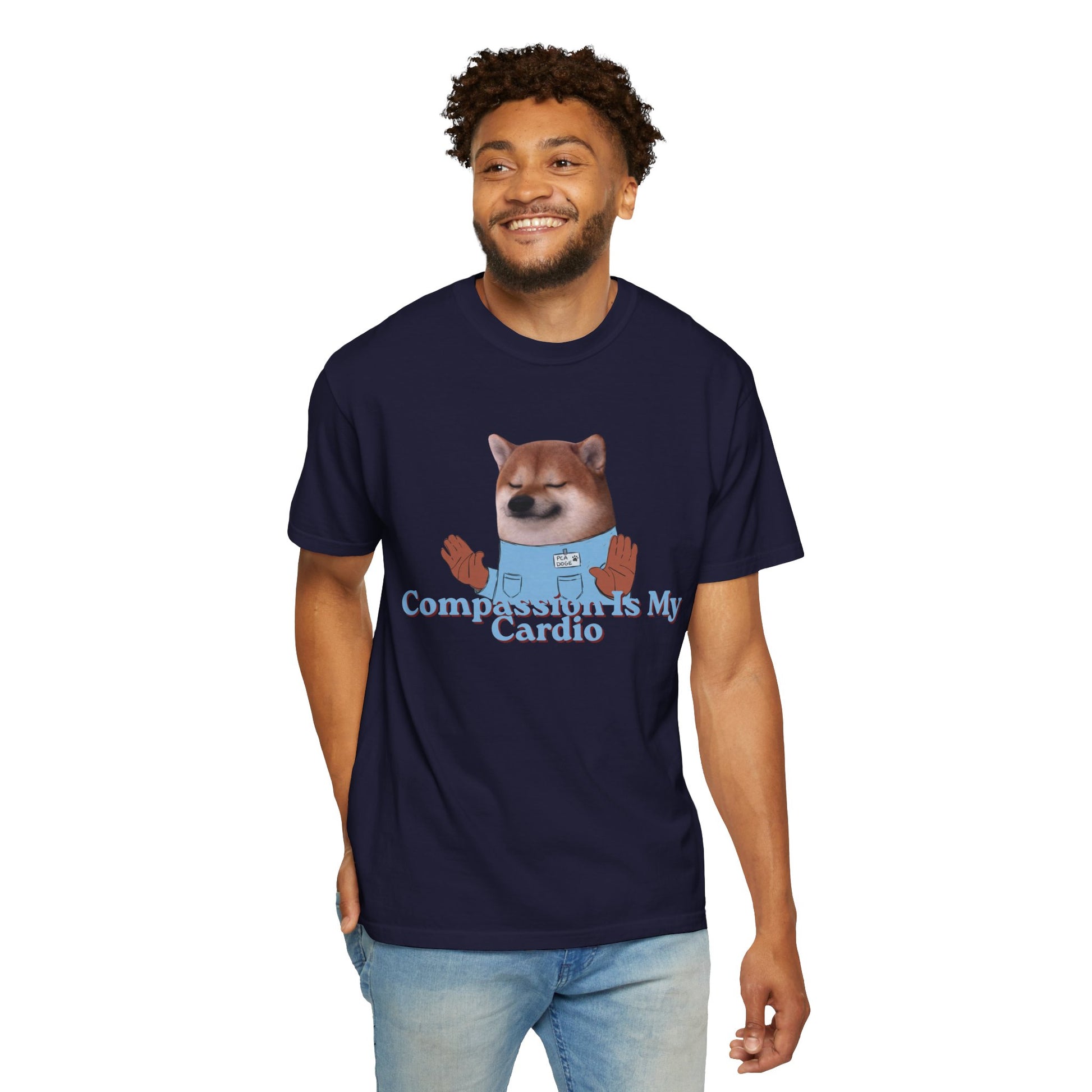 Everyday casual shirt with playful dog illustration and values slogan
