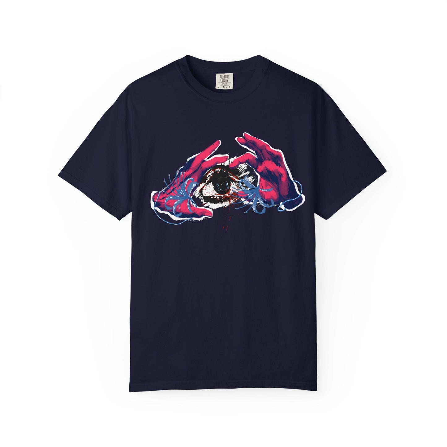 Eye print unisex tee worn in relaxed outdoor lifestyle setting