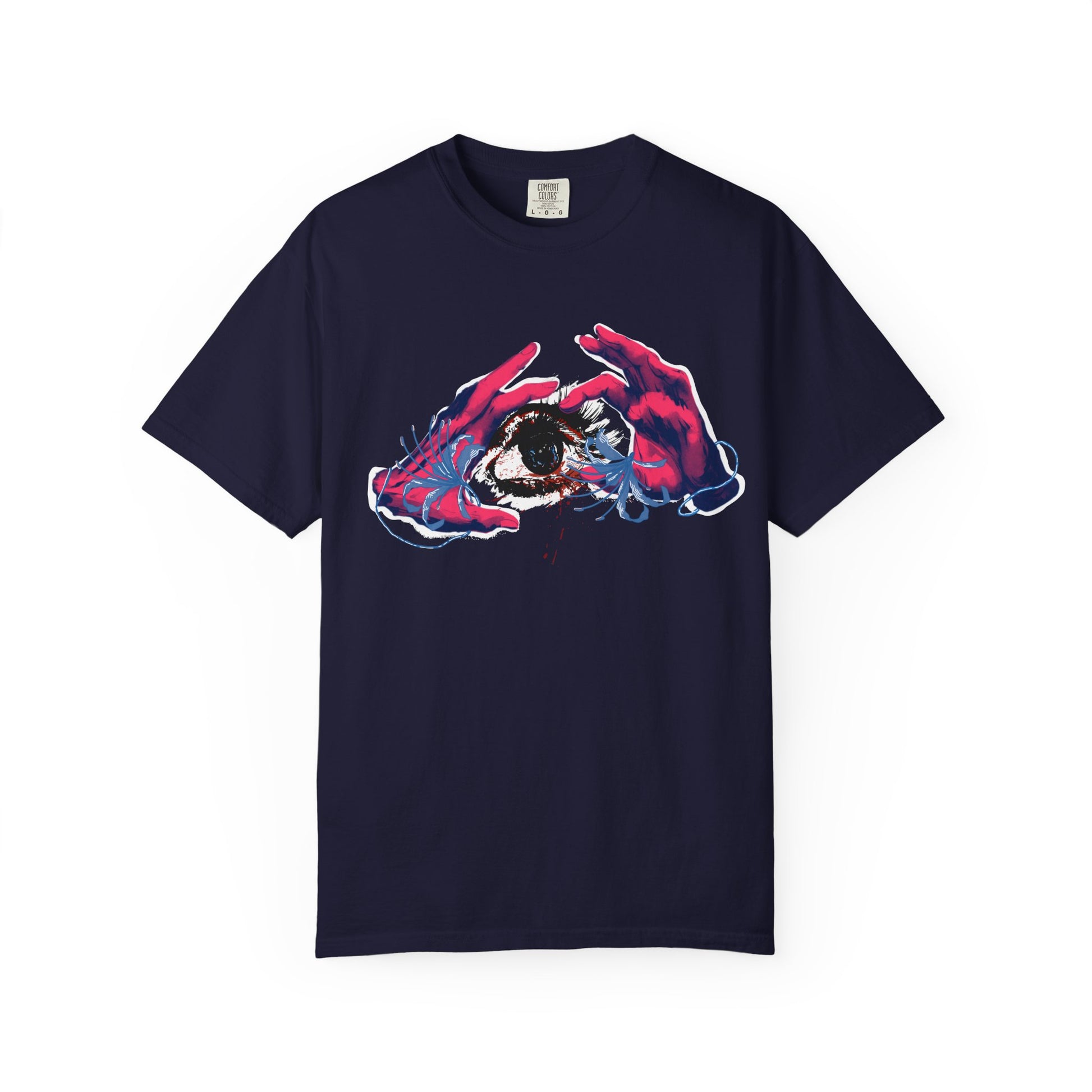 Eye print unisex tee worn in relaxed outdoor lifestyle setting