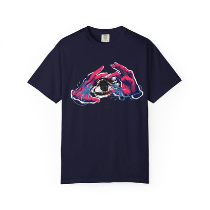 Eye print unisex tee worn in relaxed outdoor lifestyle setting