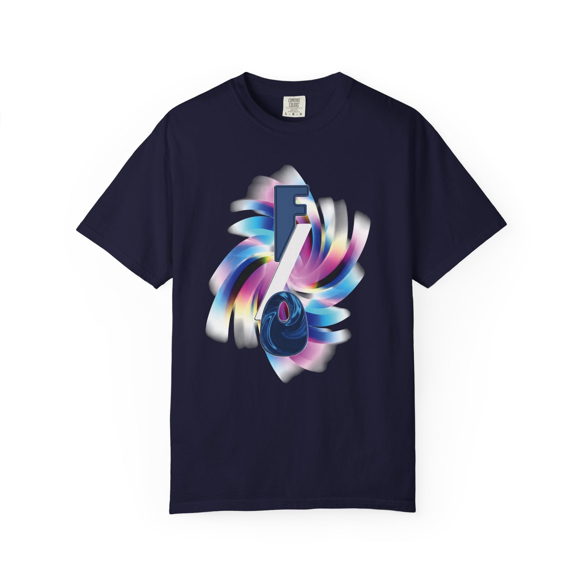 FO tee graphic detail showing cyan, magenta and indigo swirl dimensional portal effect
