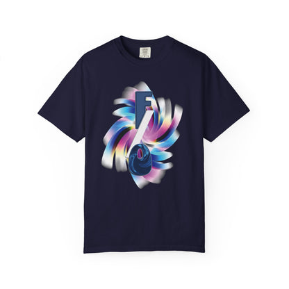 FO tee graphic detail showing cyan, magenta and indigo swirl dimensional portal effect
