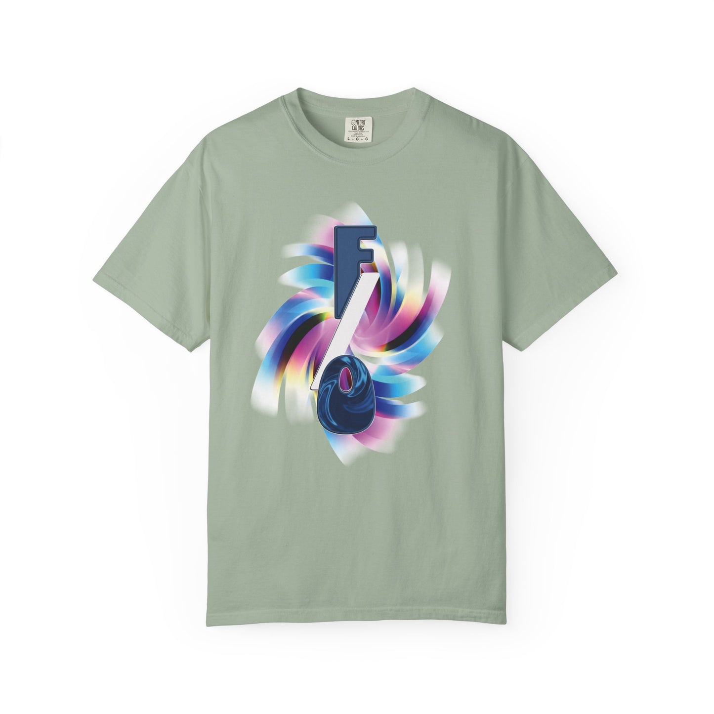 F/O Vortex Tee flat lay on dark surface, full garment visible with vortex graphic centered
