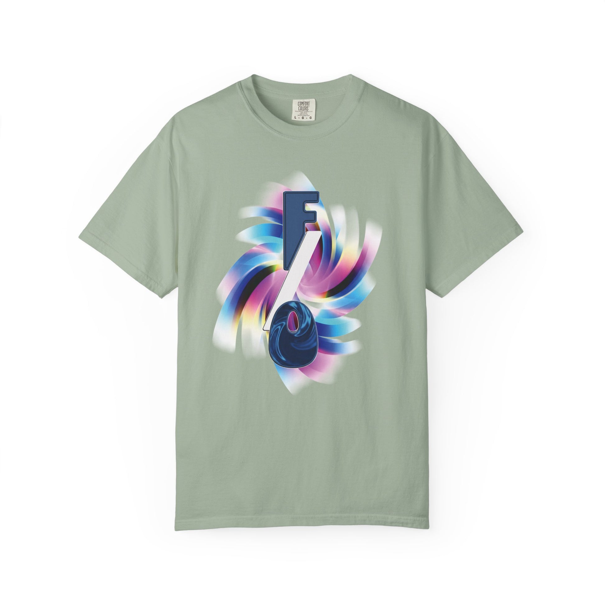 F/O Vortex Tee flat lay on dark surface, full garment visible with vortex graphic centered
