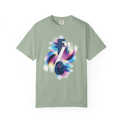 F/O Vortex Tee flat lay on dark surface, full garment visible with vortex graphic centered
