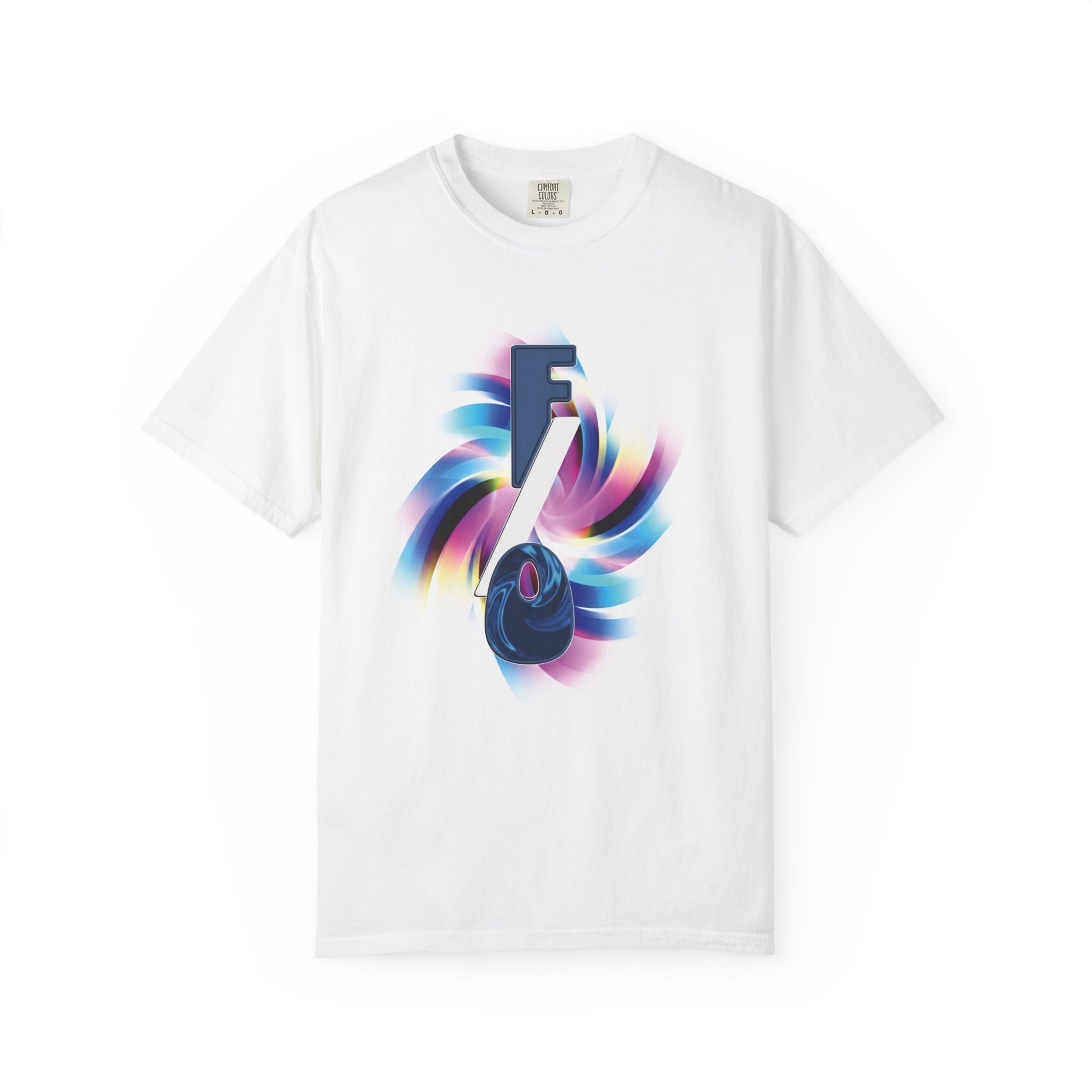 F/O Vortex Tee front view, bold fictional other graphic on black garment-dyed heavyweight tee

