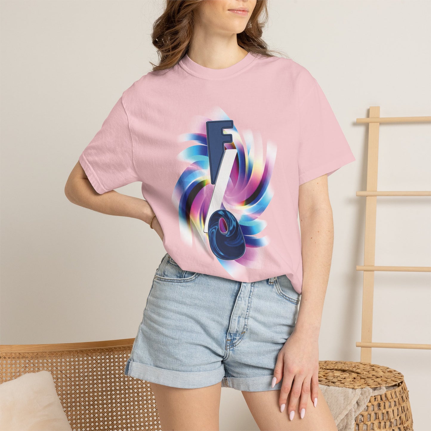 F/O Vortex Tee graphic print quality close-up, high-contrast neon portal on black cotton
