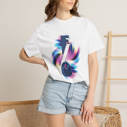 F/O graphic tee close-up showing metallic gradient swirl, fan culture streetwear detail
