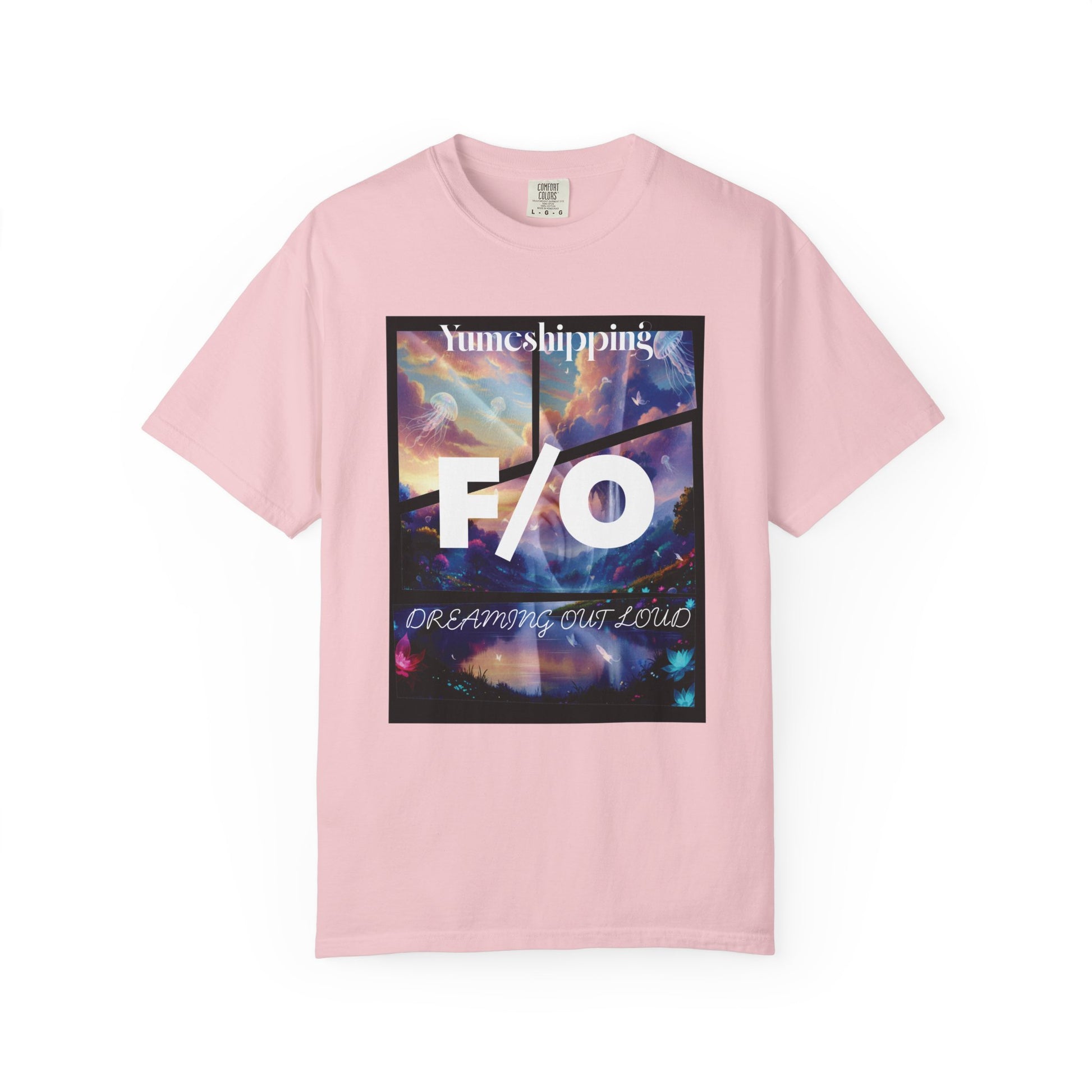F/O graphic tee high contrast white typography on dark surreal anime background

