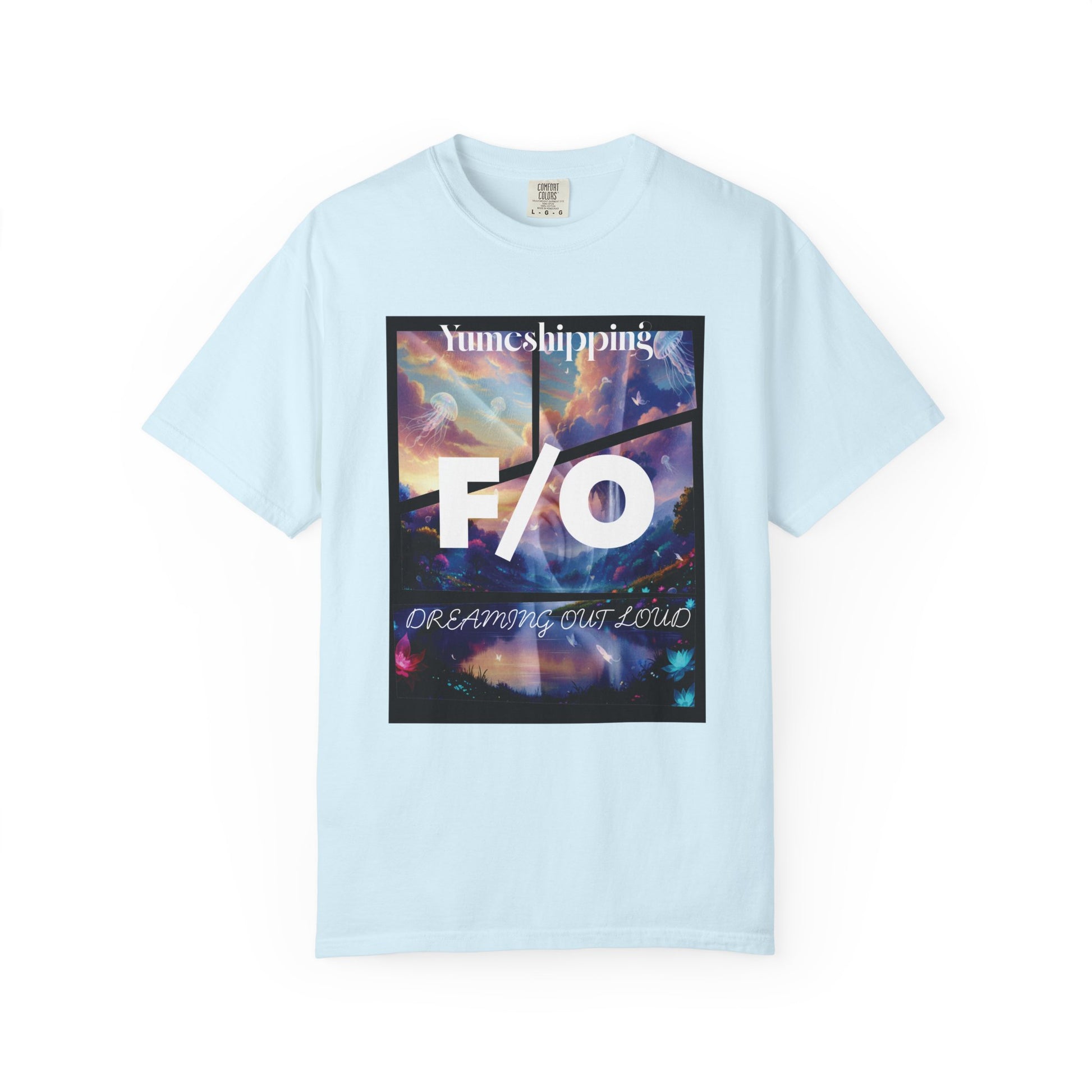 F/O self-ship graphic tee with abstract dreamscape print on black Comfort Colors shirt
