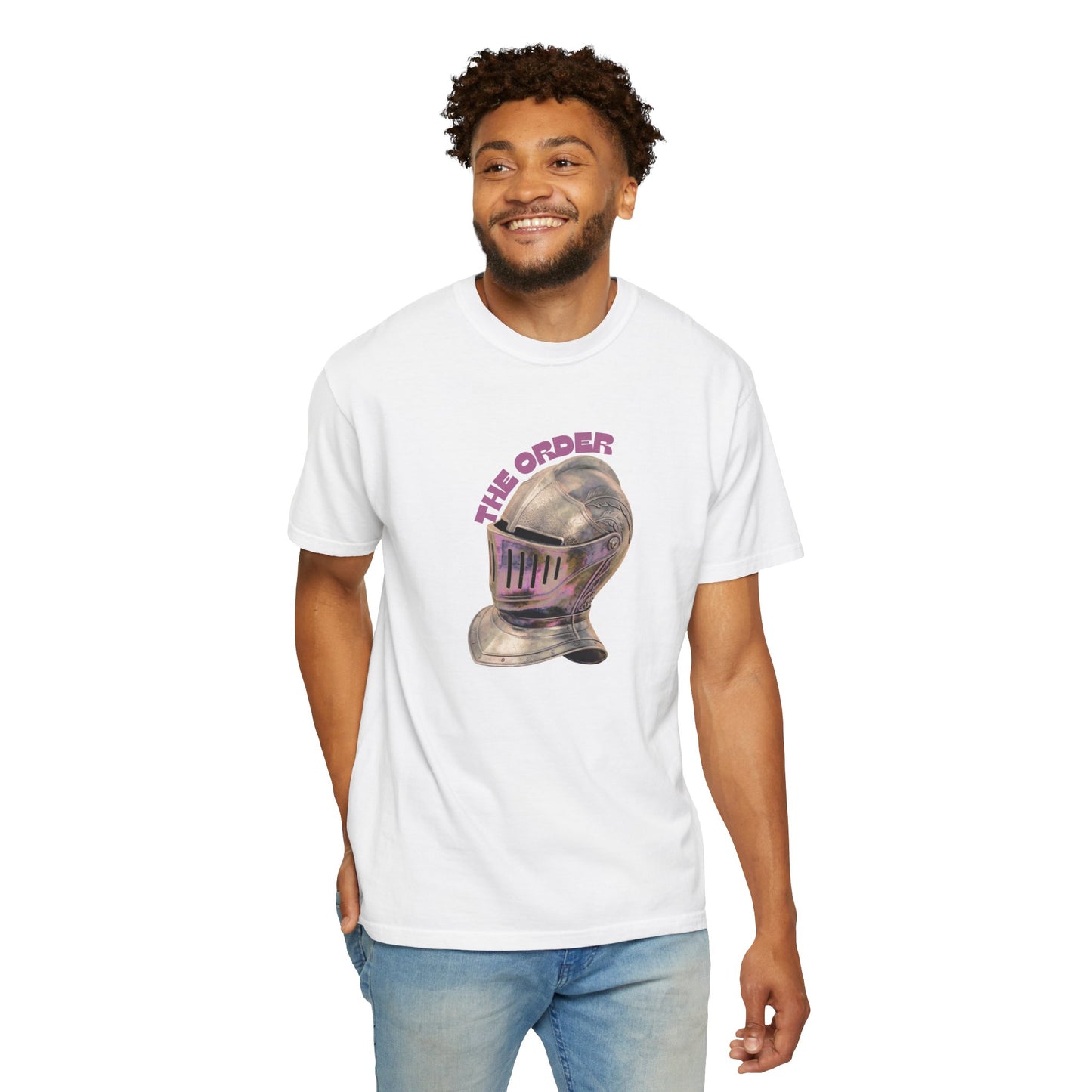 Faded vintage knight graphic shirt folded showing front design and label
