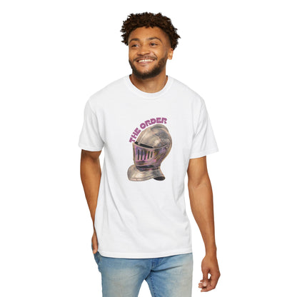 Faded vintage knight graphic shirt folded showing front design and label
