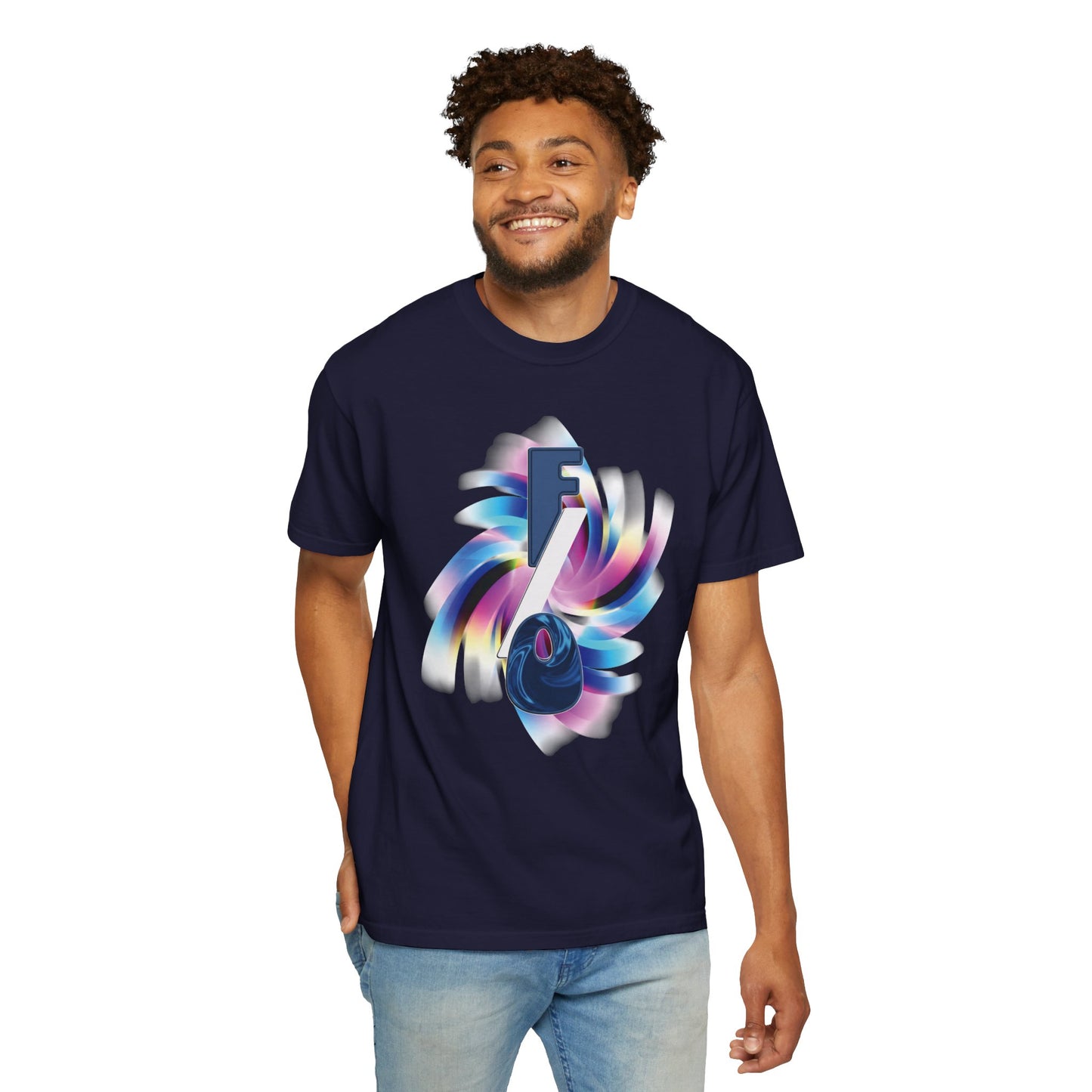 Fan culture streetwear tee modeled outdoors, FO fictional other graphic, Y2K aesthetic
