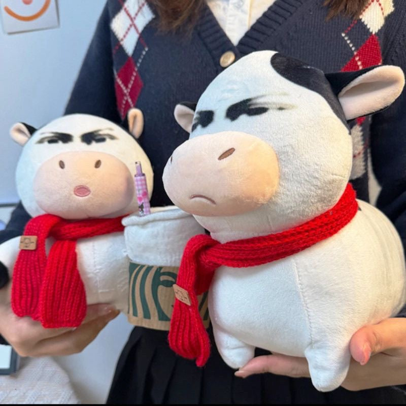 Farm animal plushies collection featuring angry cow