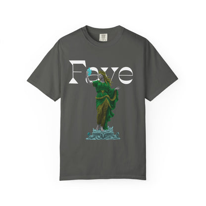 Fayee tees dark fantasy graphic tee with emerald statue goddess
