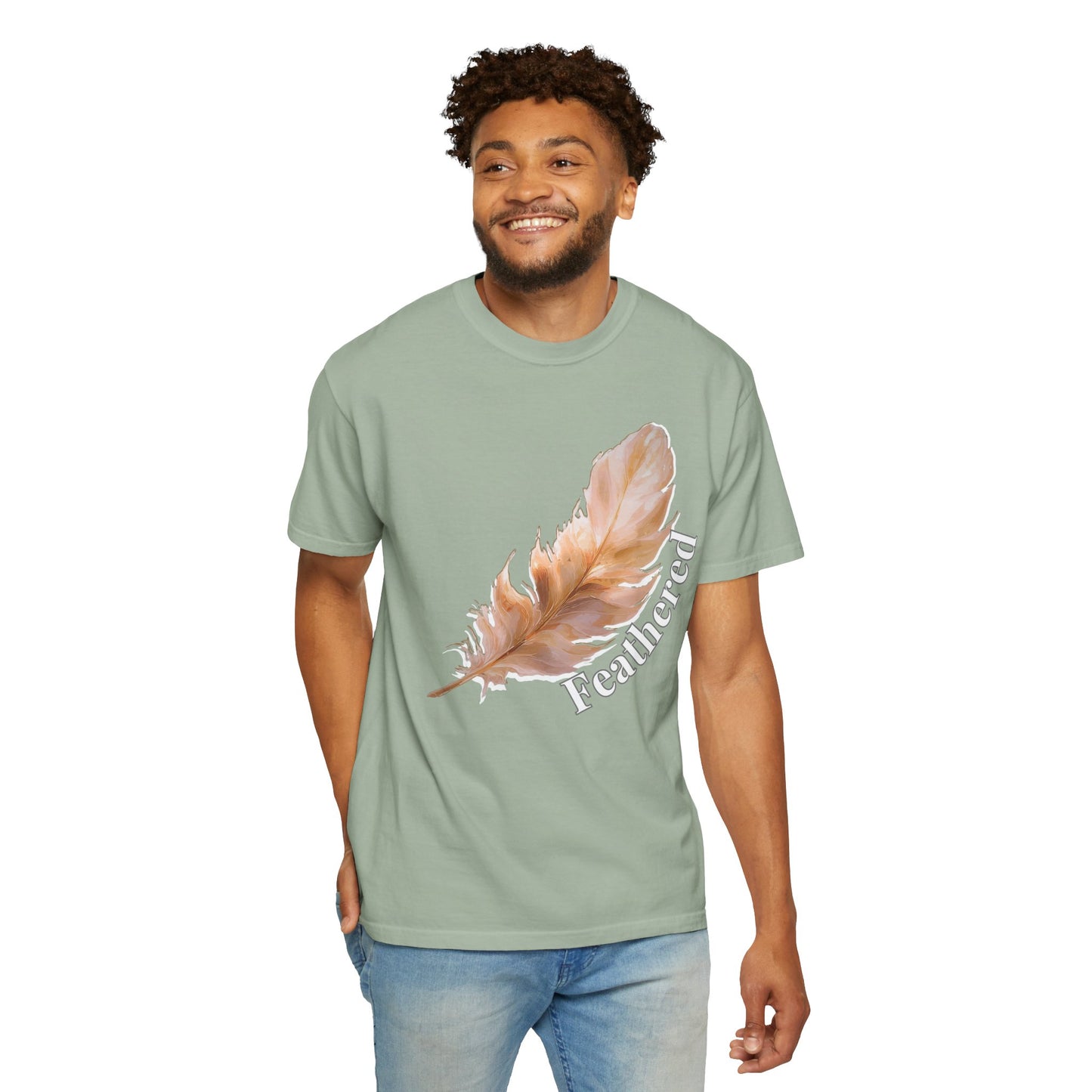 Feather graphic tee back view displaying clean sewn in label finish