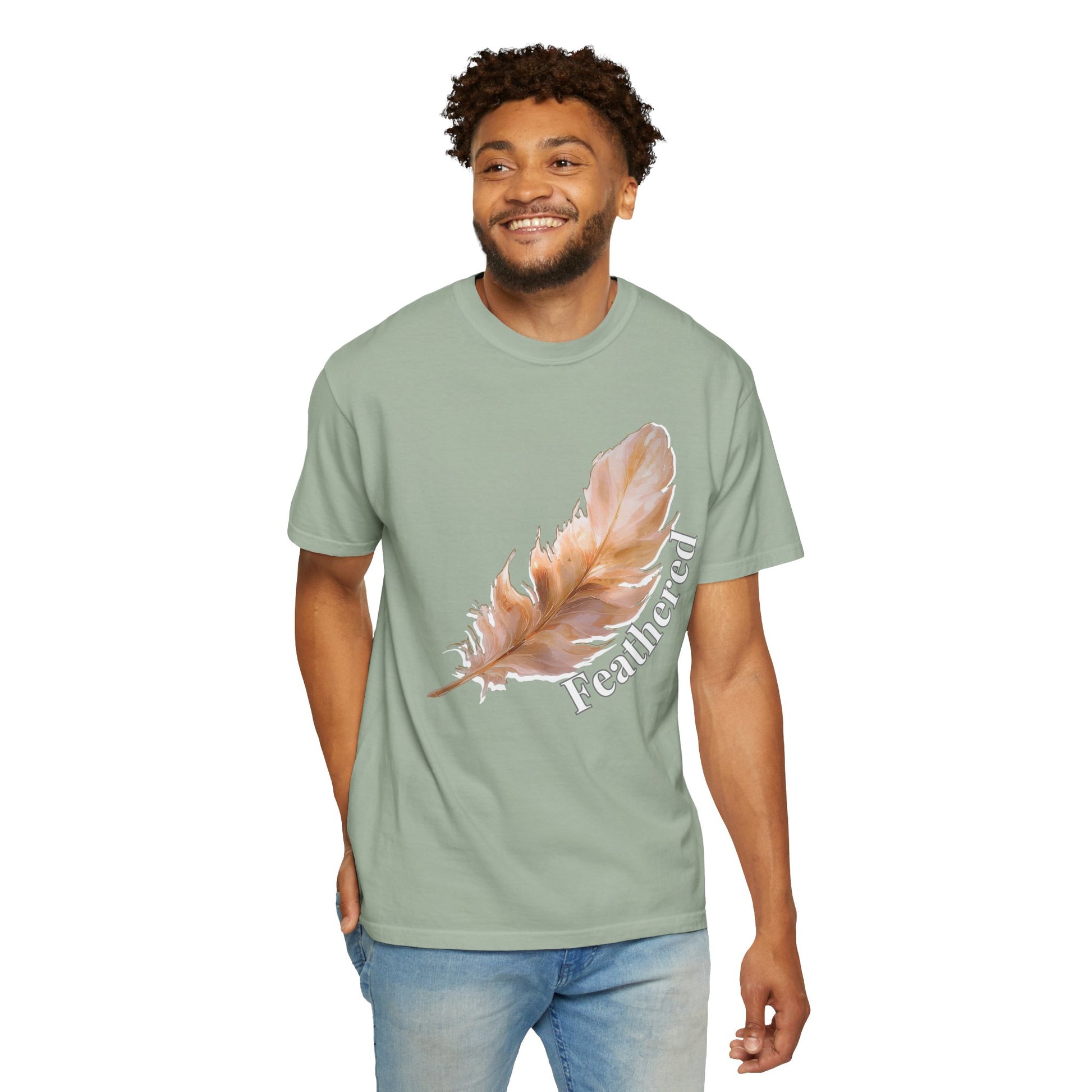 Feather graphic tee back view displaying clean sewn in label finish