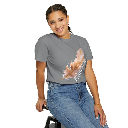 Feathered printed tees design close up highlighting elegant typography and feather detail