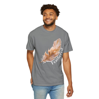 Feathered unisex tee front view showing detailed feather artwork on garment dyed Comfort Colors shirt