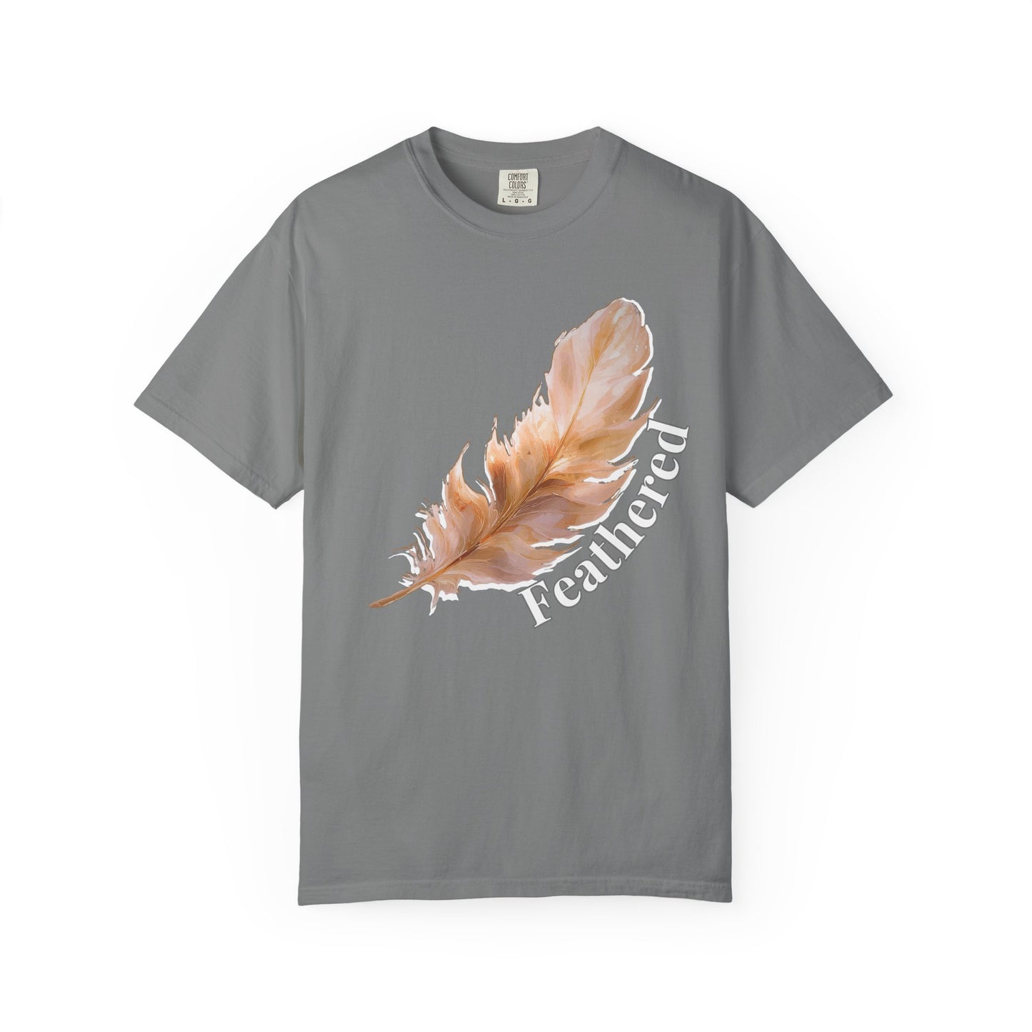 Feathered unisex tee with detailed feather graphic and bold typography on Comfort Colors blank