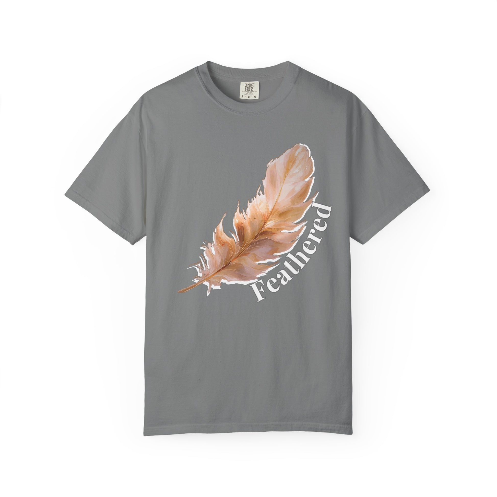 Feathered unisex tee with detailed feather graphic and bold typography on Comfort Colors blank