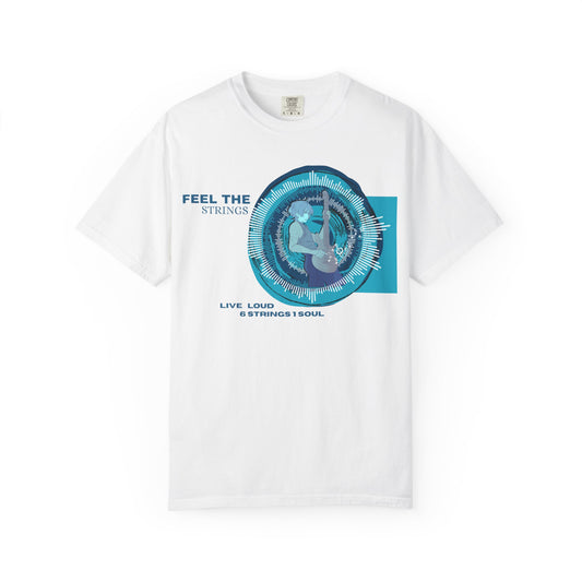 Feel The Strings guitar music graphic t-shirt featuring anime guitarist artwork in blue tones on white background