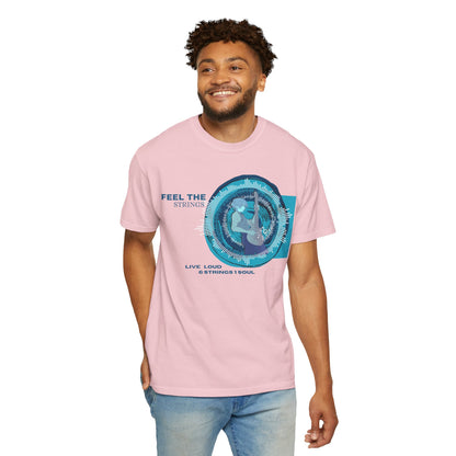 Feel The Strings guitar music graphic t-shirt packaging and tag detail flat lay shot