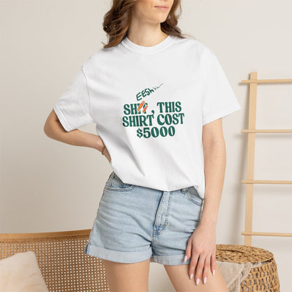 Female model wearing white oversized graphic tee with green statement print