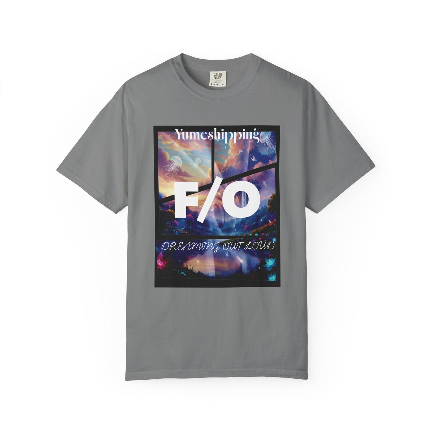 Fictional Other graphic shirt with high-contrast white Yumeshipping and F/O text on dark tee
