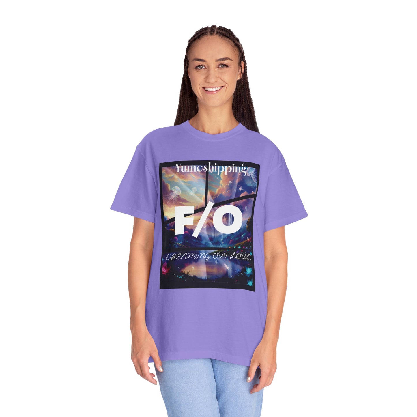 Fictional Other graphic tee with surreal jellyfish sky, neon flora, and water lily lake print