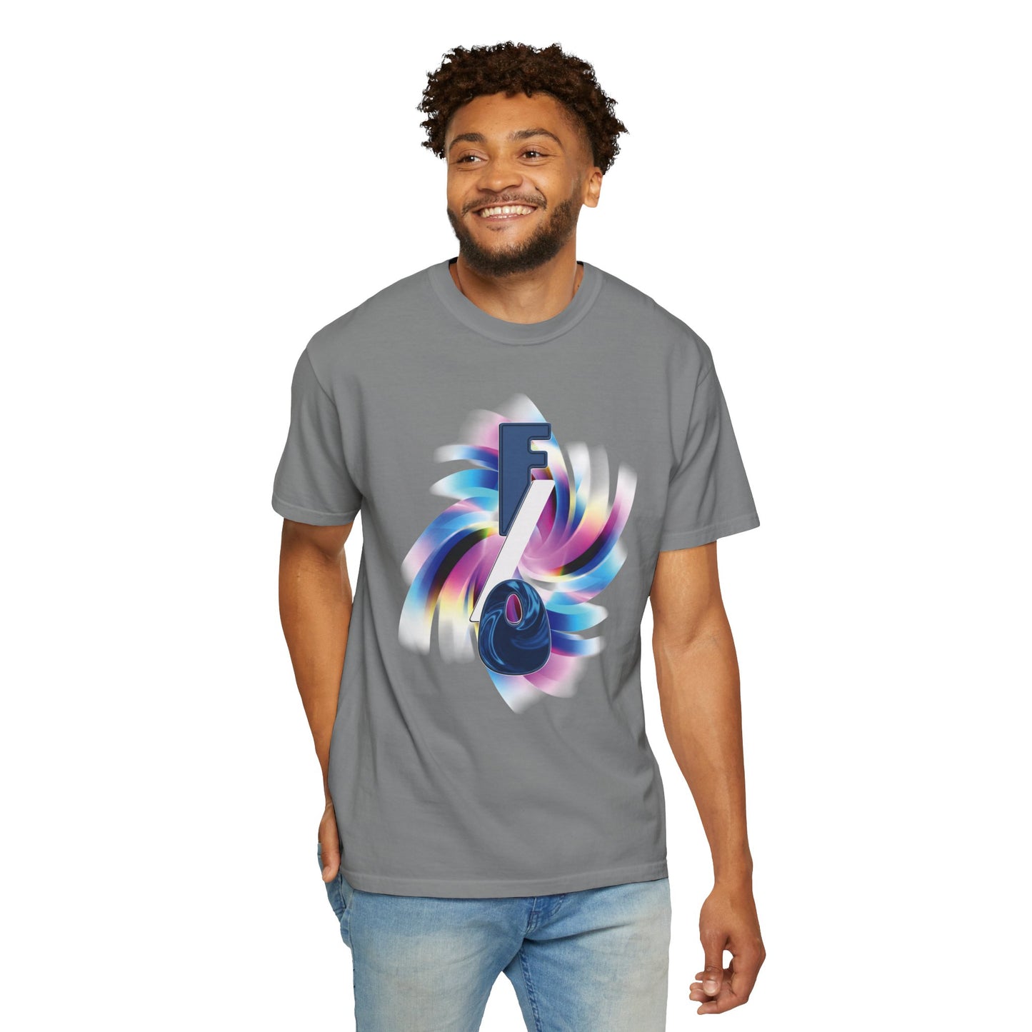 Fictional other graphic tee stacked folded in sizes S M L XL 2XL 3XL on wooden surface
