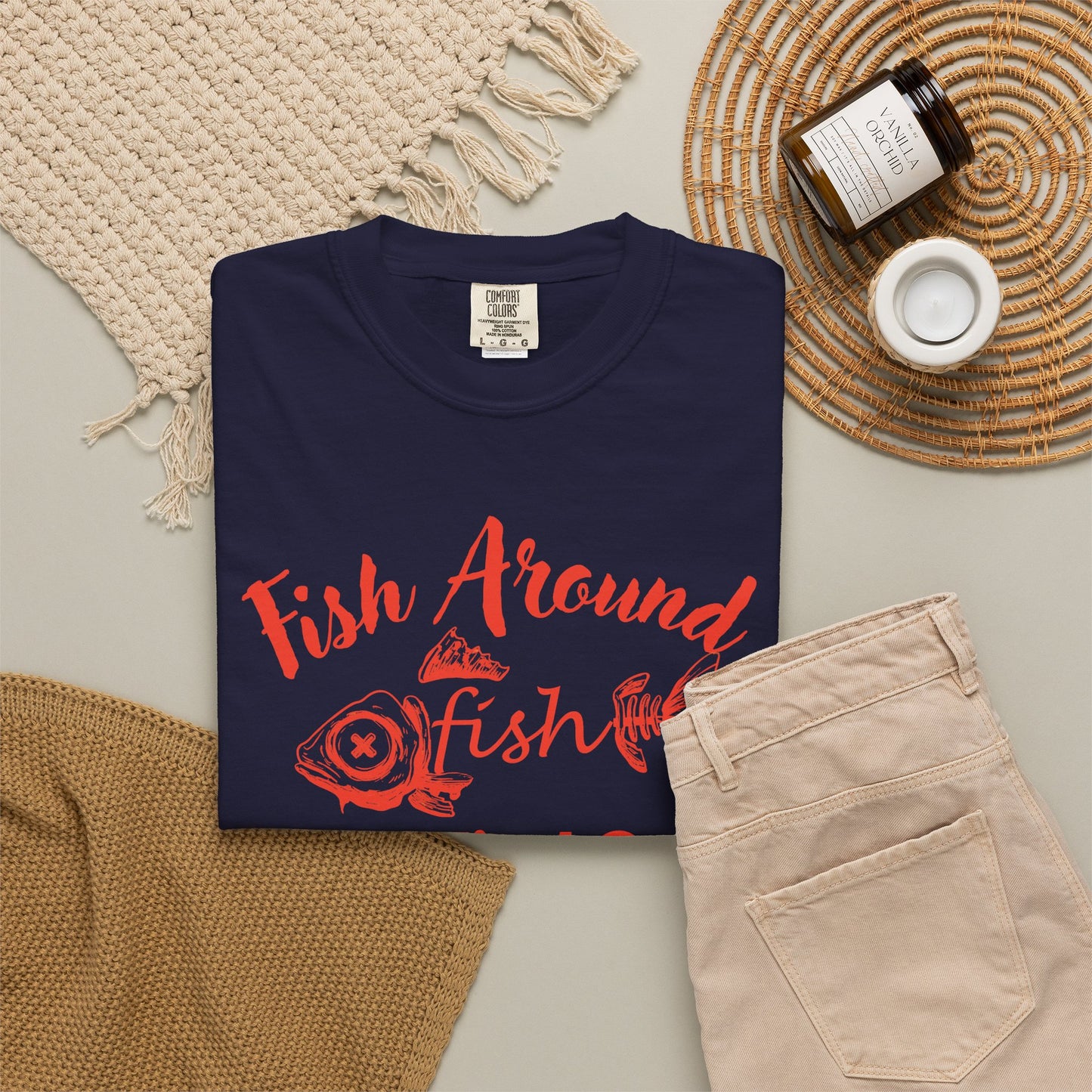 Fish Around and Find Out fishing enthusiast gift tee styled with fishing hat and sunglasses at lakeside