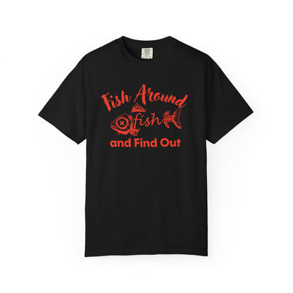Fish Around and Find Out funny fishing shirt shown in multiple Comfort Colors options side by side