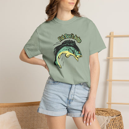 Fish Don't Judge angler gift idea tee worn outdoors near water