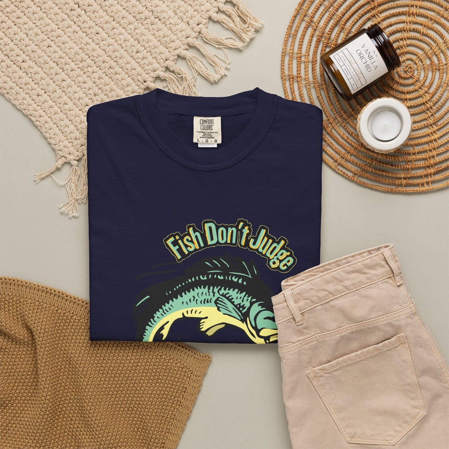 Fish Don't Judge angler tee in relaxed unisex fit, outdoor natural light