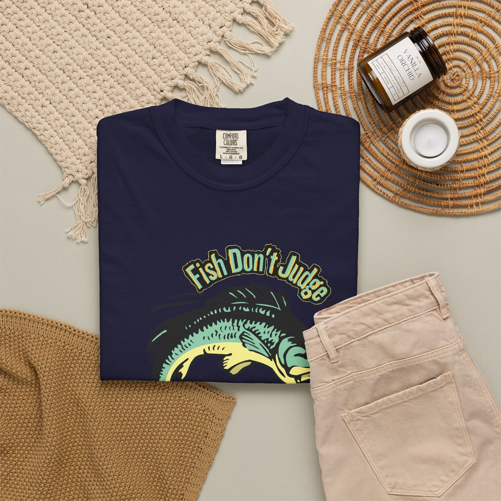 Fish Don't Judge angler tee in relaxed unisex fit, outdoor natural light