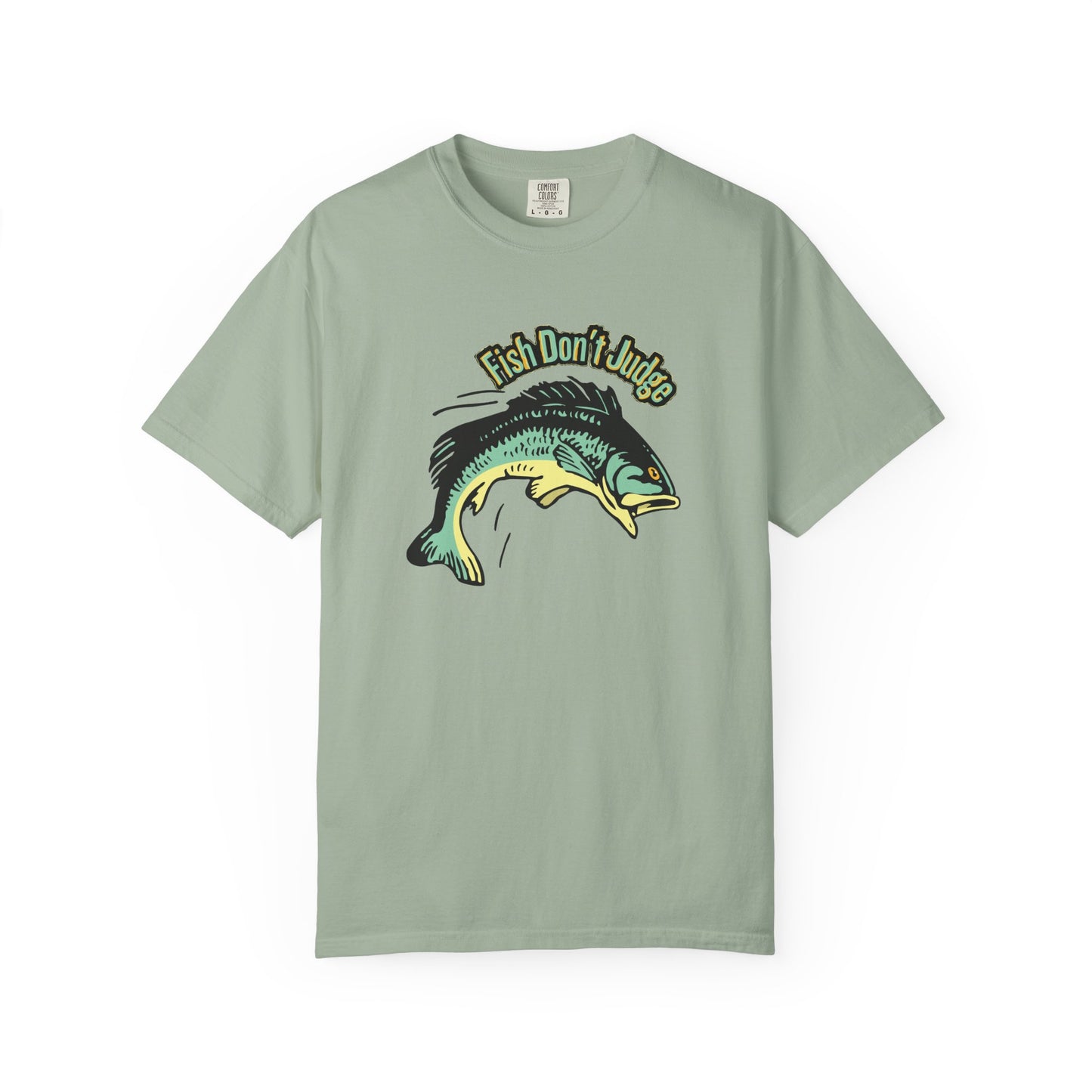 Fish Don't Judge t-shirt worn by angler at lake at dawn