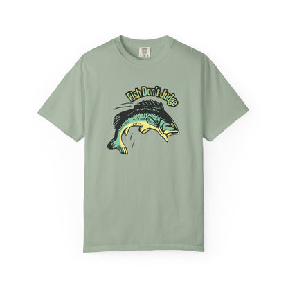 Fish Don't Judge t-shirt worn by angler at lake at dawn