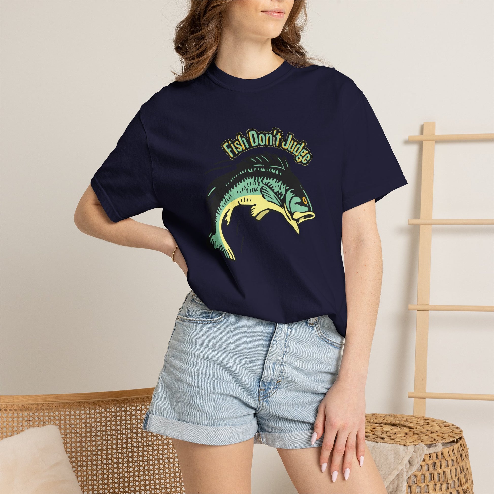 Fish Don't Judge tee as Father's Day fishing gift, folded flat lay