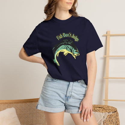 Fish Don't Judge tee as Father's Day fishing gift, folded flat lay