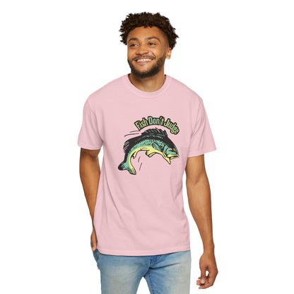 Fish Don't Judge tee worn lakeside at dawn, outdoors lifestyle shot