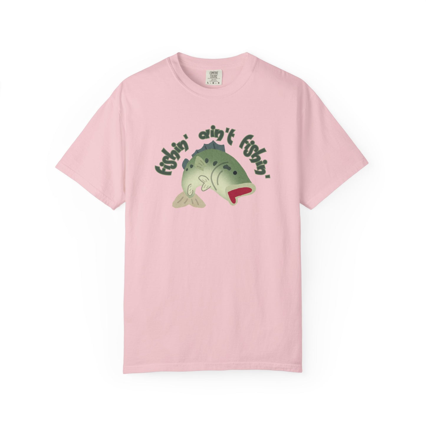 Fish aint fishing funny meme unisex tee flat lay on wooden dock surface