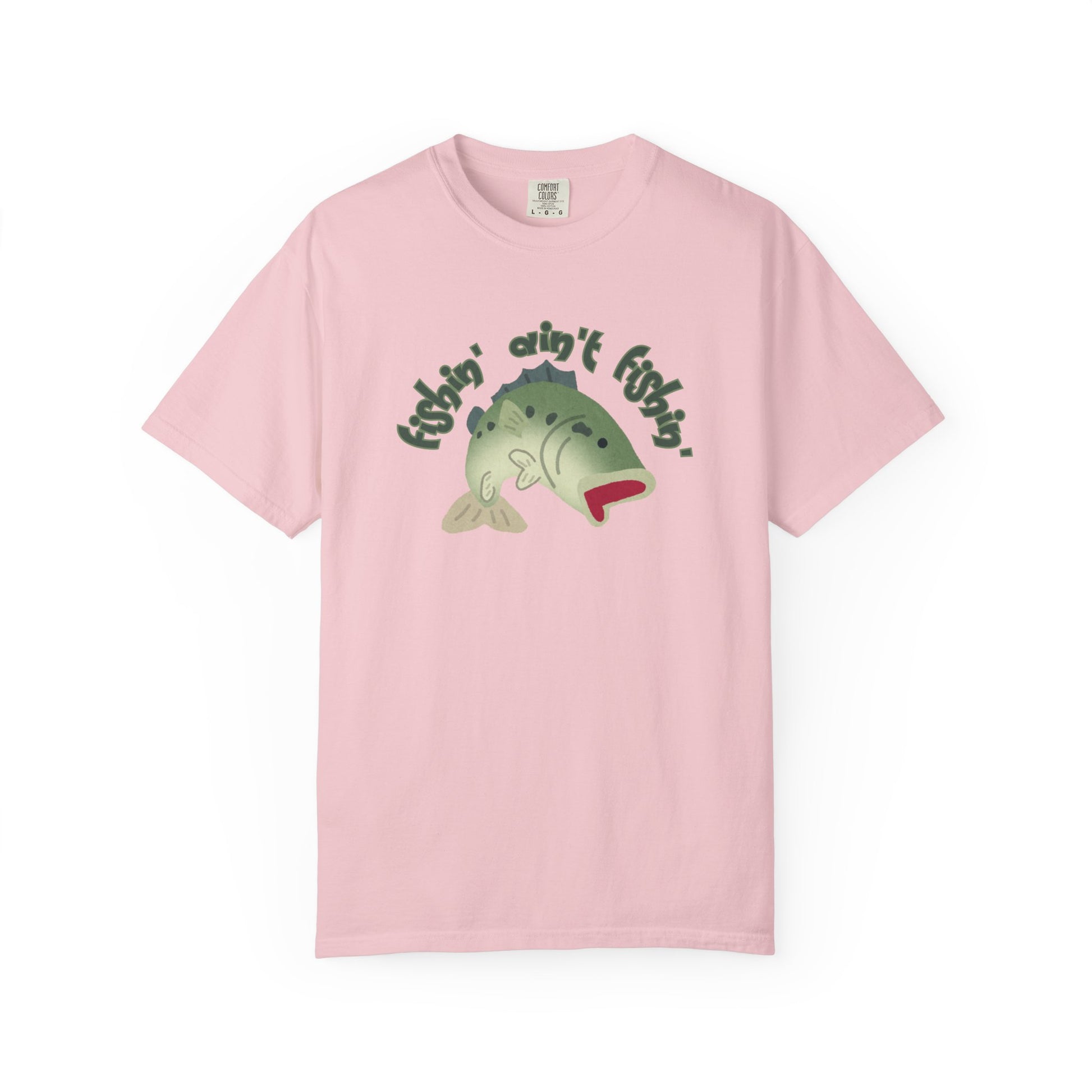 Fish aint fishing funny meme unisex tee flat lay on wooden dock surface